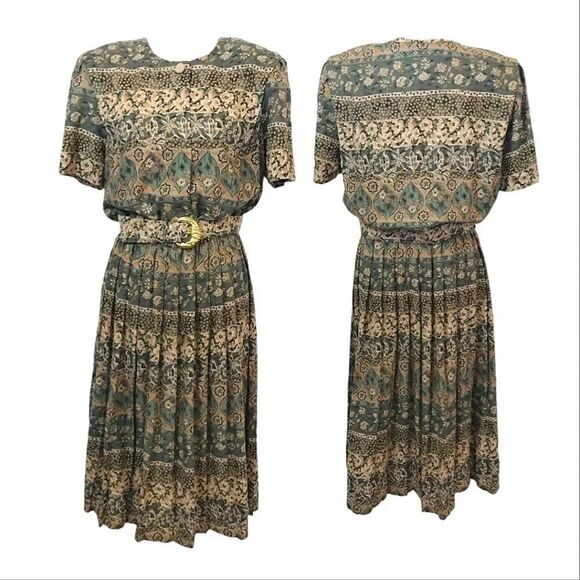 VTG 80s Green Floral Print Belted Pleated Midi Dress Size 16 *Fits like Large - Picture 1 of 17